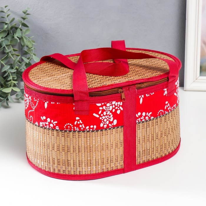 Шкатулка бамбук "Цветы на красном" с ручками, молния 16х20х30 см