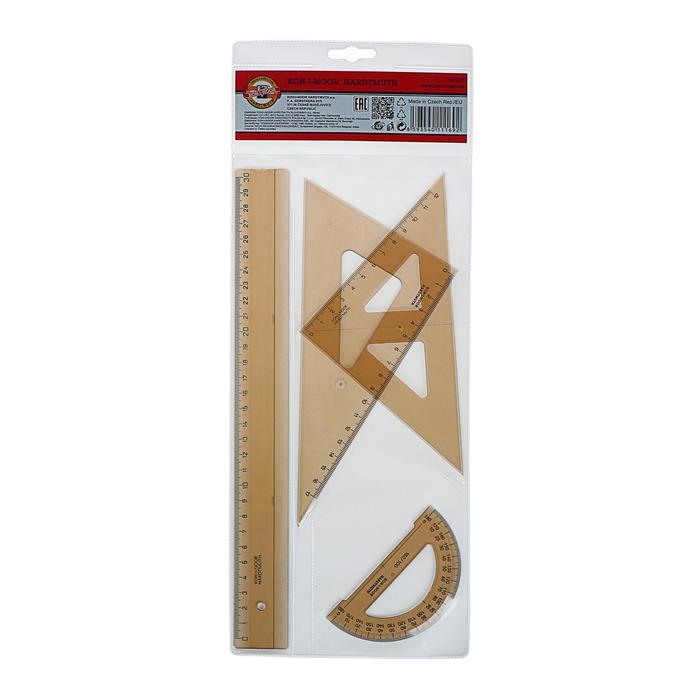 Геометрический набор Koh-I-Noor: линейка, треугольник 2 штуки, транспортир, дымчатый, с европодвесом Геометрический набор Koh-I-Noor: линейка, треугольник 2 штуки, транспортир, дымчатый, с европодвесом