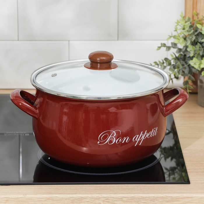 Кастрюля эмалированная «Бордо», 5,1 л, стеклянная крышка, индукция, цвет бордовый Кастрюля эмалированная «Бордо», 5,1 л, стеклянная крышка, индукция, цвет бордовый