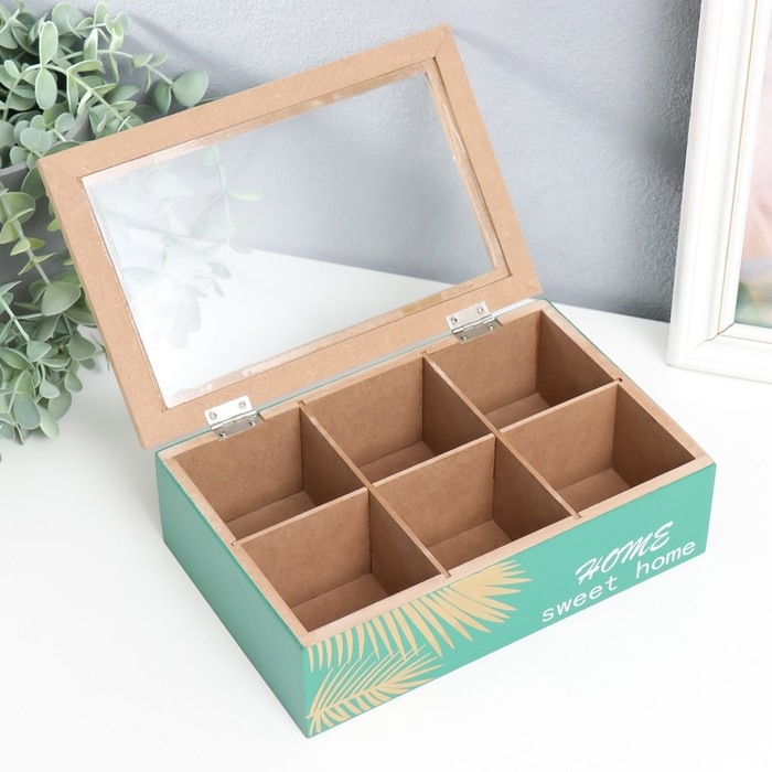 Шкатулка дерево с делениями "Пальмовые листья" зелёная с золотом 7х16,5х24 см