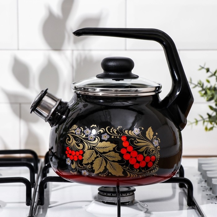 Чайник со свистком &laquo;Рябина&raquo;, 2 л, фиксированная ручка, цвет чёрный, индукция