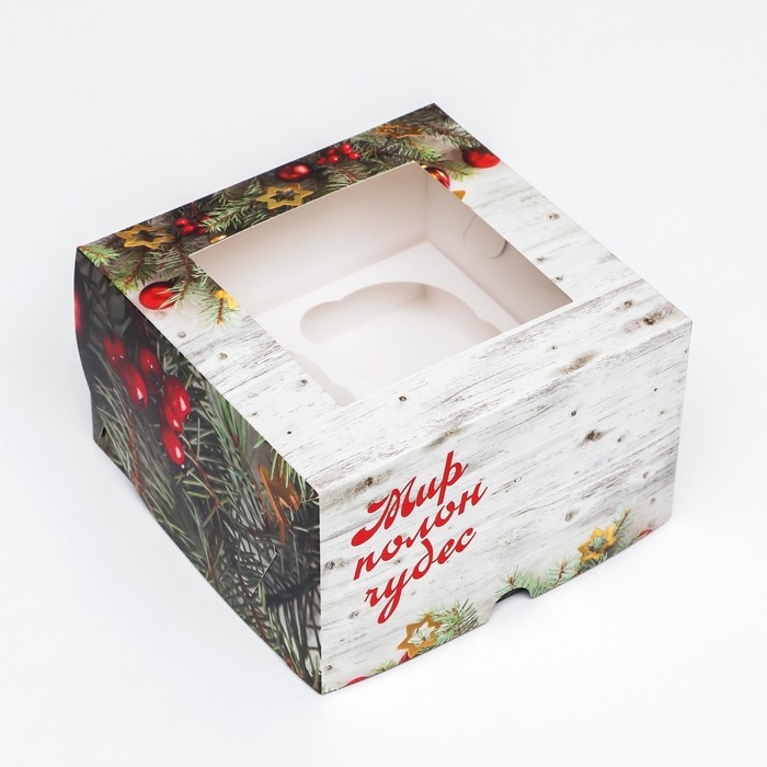 Новый год. Коробка для 4 капкейка с окном "Вперед за мечтой!", 16 х 16 х 10 см, упаковка