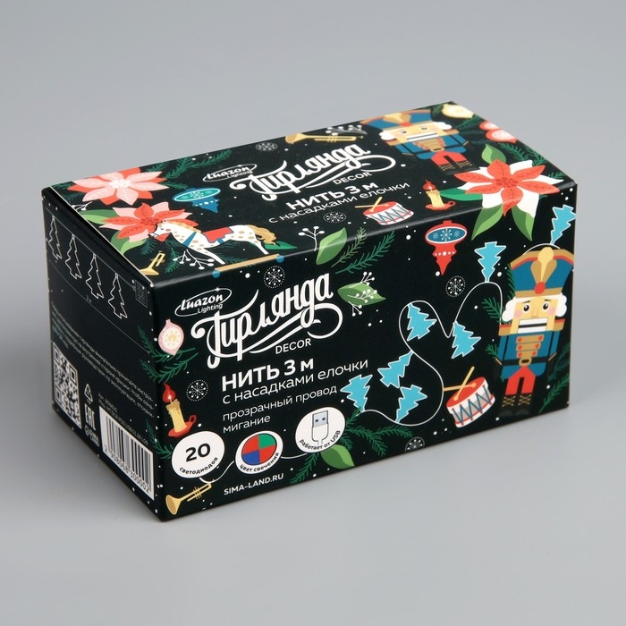 Гирлянда «Нить» 3 м с насадками «Ёлки», IP20, прозрачная нить, 20 LED, свечение мульти (RG/RB), мигание, USB Гирлянда «Нить» 3 м с насадками «Ёлки», IP20, прозрачная нить, 20 LED, свечение мульти (RG/RB), мигание, USB