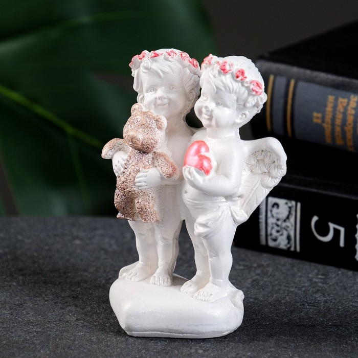 Фигура "Ангелочки с мишкой на сердце" перламутр, 10х7х5см