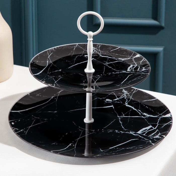 Этажерка-фруктовница стеклянная Доляна «Мрамор», d=21 см, d=30 см, 2 яруса, цвет чёрный Этажерка-фруктовница стеклянная Доляна «Мрамор», d=21 см, d=30 см, 2 яруса, цвет чёрный