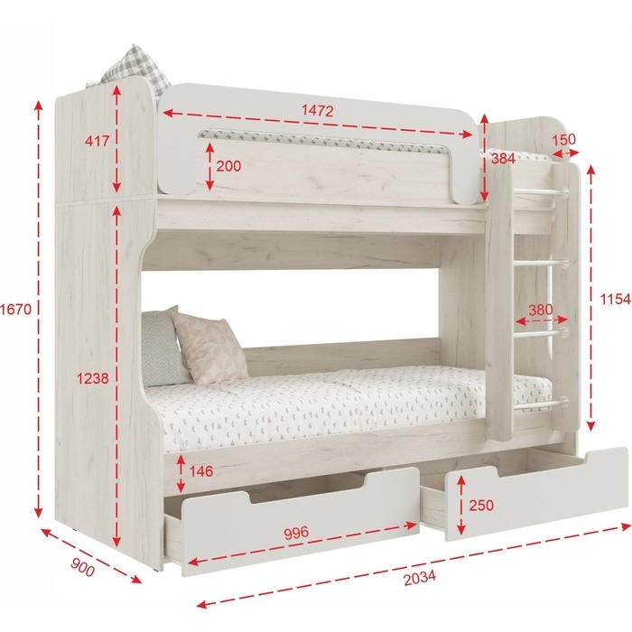 Двухъярусная кровать Юниор-4, 2034х900х1670, Шарли белый/Дуб крафт белый