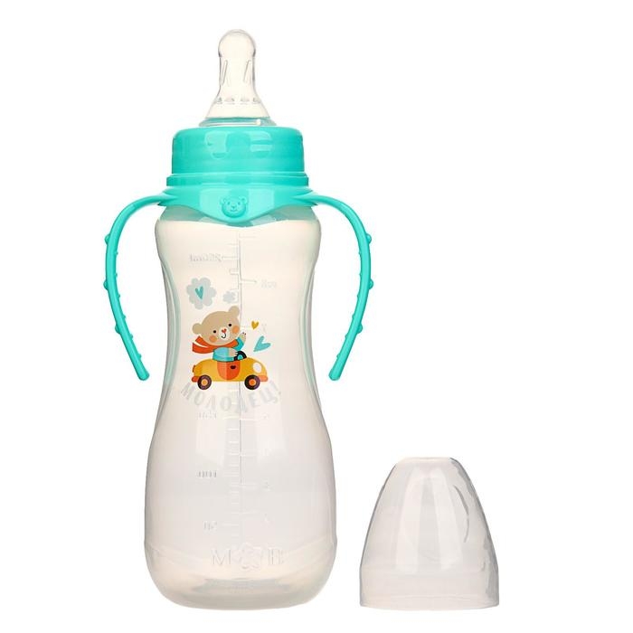Бутылочка для кормления «Мишутка», классическое горло, приталенная, с ручками, 250 мл., от 0 мес., цвет бирюзовый Бутылочка для кормления «Мишутка», классическое горло, приталенная, с ручками, 250 мл., от 0 мес., цвет бирюзовый