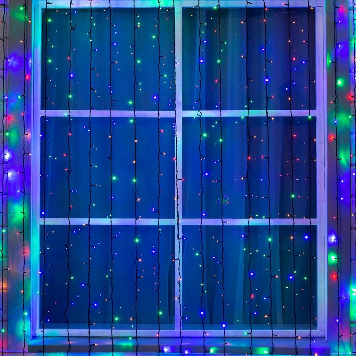 Гирлянда &laquo;Занавес&raquo; 2 &times; 9 м, IP44, УМС, тёмная нить, 1800 LED, свечение мульти, 220 В