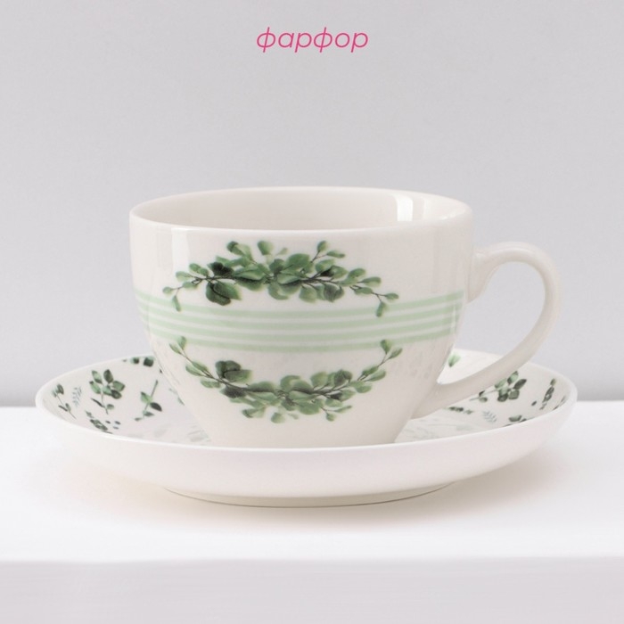 Сервиз фарфоровый чайный Доляна &laquo;Эвкалипт&raquo;, 12 предметов: 6 чашек 280 мл, 6 блюдец d=15 см