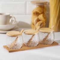 Набор банок стеклянных для сыпучих продуктов на деревянной подставке &laquo;Эко&raquo;, 300 мл, с ложками, 3 шт