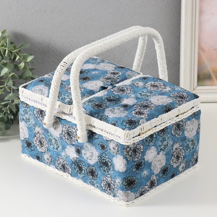 Шкатулка для рукоделия Шкатулка для рукоделия "Чёрно-белые цветы на голубом" 19х26х14,5 см