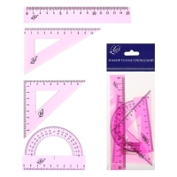 Набор чертёжный 4 предмета (линейка 15 см, угольник 30 &deg;/ 60 &deg;, 10 см; угольник 45 &deg;/ 45 &deg;, 8 см; транспортир 180 &deg;, 9 см), прозрачный розовый