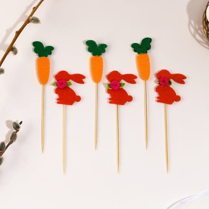 Топпер &laquo;Заяц&raquo;, с бантиком и морковкой, набор 6 шт.