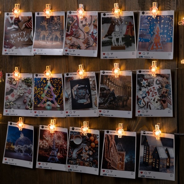 Гирлянда &laquo;Нить&raquo; 2 м роса с насадками &laquo;Прищепки-цветы&raquo;, IP20, серебристая нить, 20 LED, батарейки ААх2 (нет в комплекте), свечение тёплое белое