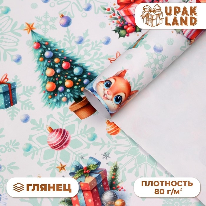 Новый год. Бумага упаковочная новогодняя "Белочка", глянец, 1 лист, 80 г/м2 , 70 х 100 см