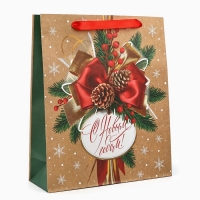 Пакет подарочный новогодний крафтовый вертикальный &laquo;С Новым годом&raquo;, M 26 х 30 х 9 см , Новый год