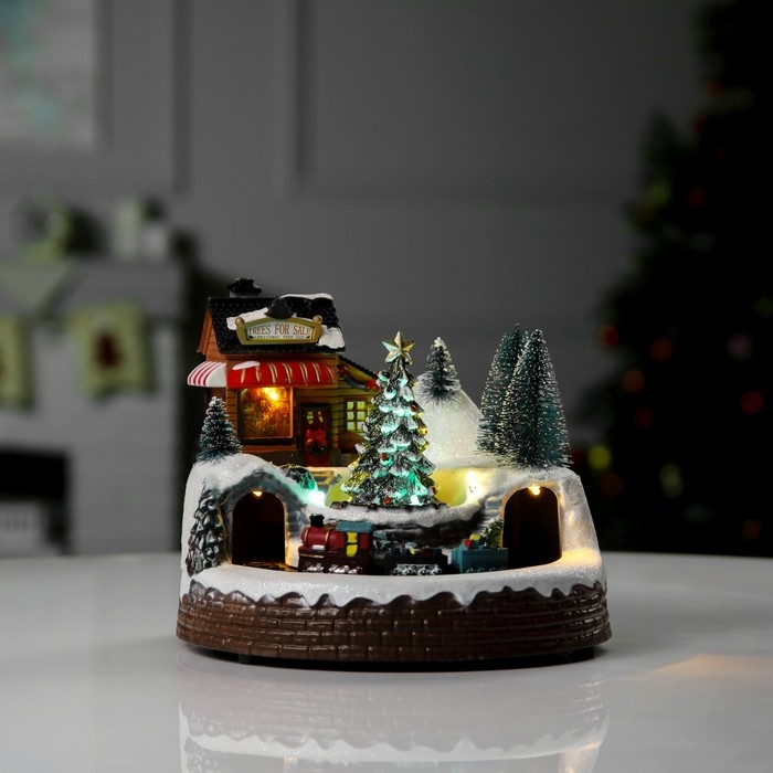 Светодиодная фигура &laquo;Поезд и ёлка&raquo; 20 &times; 20 &times; 16 см, полистоун, батарейки ААх3 (не в комплекте), USB, свечение тёплый белый