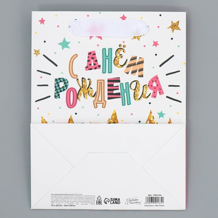 Пакет подарочный ламинированный двухсторонний, упаковка, &laquo;С Днем рождения&raquo;, MS 18 х 23 х 10 см