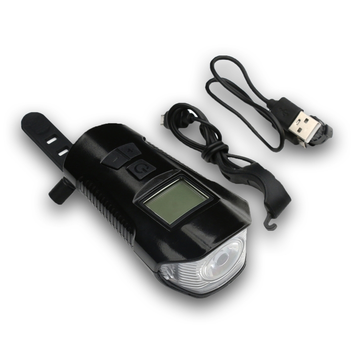 Фонарь велосипедный передний аккумуляторный, водонепроницаемый, 4 режима, сигнал, спидометр Фонарь велосипедный передний аккумуляторный, водонепроницаемый, 4 режима, сигнал, спидометр