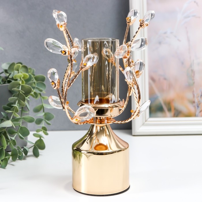 Подсвечник металл на 1 свечу Подсвечник металл на 1 свечу "Веточки с кристаллами. Колонна" золото 25х15х15 см