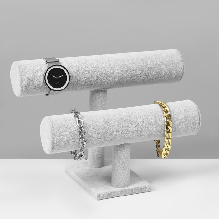 Подставка для часов, браслетов, двухуровневая, флок, 25,5&times;13&times;19 см, d=5 см, цвет серый