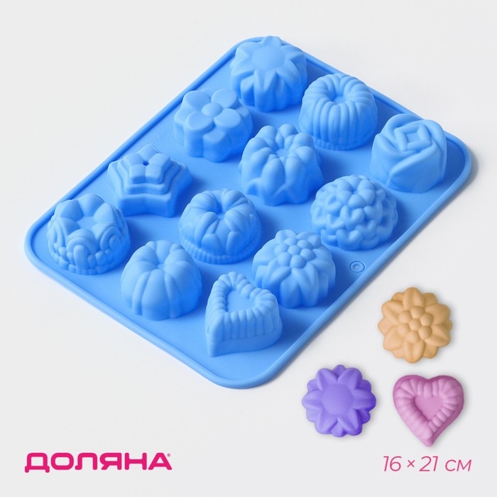 Форма для выпечки Доляна &laquo;Немецкий кекс, роза&raquo;, силикон, 16&times;21 см, 12 ячеек (d=4,2 см), цвет голубой