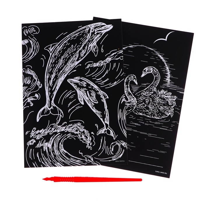 Набор гравюр &laquo;Дельфин и лебеди&raquo; с металлическим эффектом &laquo;золото&raquo;, 2 шт., А5