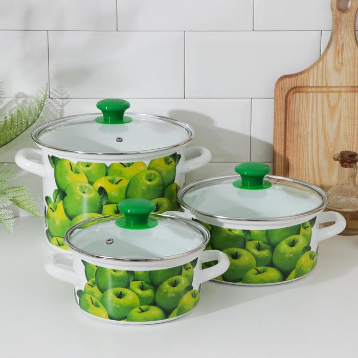Набор кастрюль &laquo;Поздние яблоки&raquo;, 3 предмета: 1,5 л, 2,3 л, 5 л, стеклянные крышки, индукция