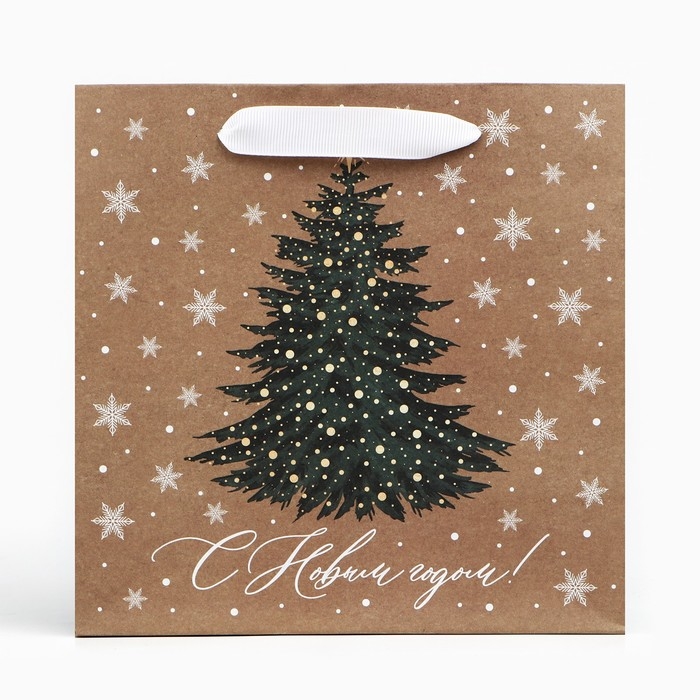 Пакет подарочный новогодний крафтовый квадратный &laquo;Новогодняя красавица&raquo;, 22 х 22 х 11 см, Новый год