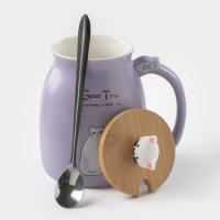 Кружка керамическая с деревянной крышкой и ложкой &laquo;Котик&raquo;, 500 мл, цвет и рисунок МИКС