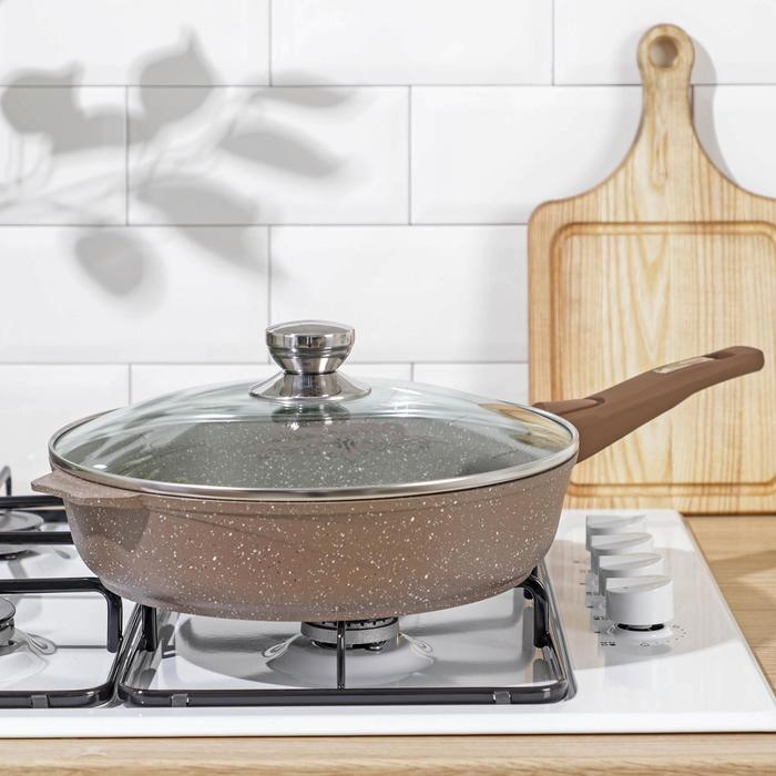 Сковорода &laquo;Гранит&raquo;, d=28 см, съёмная ручка, стеклянная крышка, антипригарное покрытие, цвет коричневый
