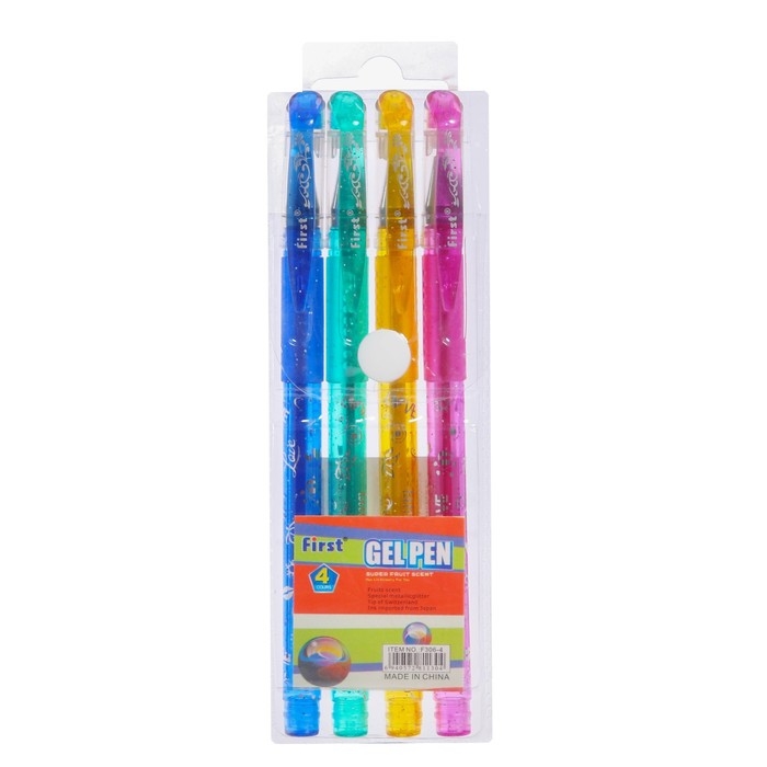 Набор гелевых ручек, 4 цвета, металлик, с блёстками, с резиновым держателем, МИКС, в блистере на кнопке