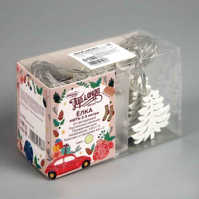 Гирлянда &laquo;Нить&raquo; 2.5 м с насадками &laquo;Ёлка&raquo;, IP20, прозрачная нить, 10 LED, батарейки AAх2 (нет в комплекте), свечение тёплое белое