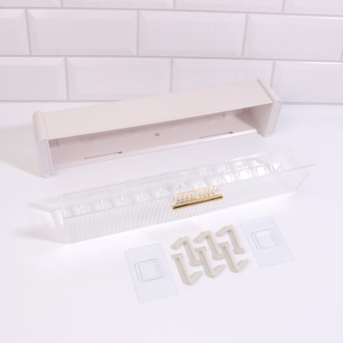 Органайзер для хранения, навесной, 1 секция, с клеевой основой и крючками, 38,7 &times; 8,5 &times; 6,5 см, цвет полупрозрачный/белый