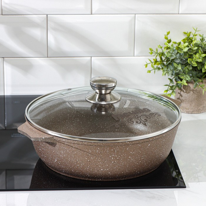 Жаровня &laquo;Гранит Brown&raquo;, 4 л, h=8,5 см, стеклянная крышка, антипригарное покрытие, цвет коричневый