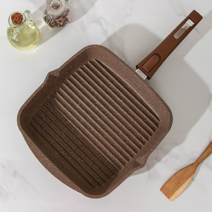 Сковорода-гриль &laquo;Гранит&raquo;, 26&times;26 см, съёмная ручка, стеклянная крышка, антипригарное покрытие, цвет коричневый