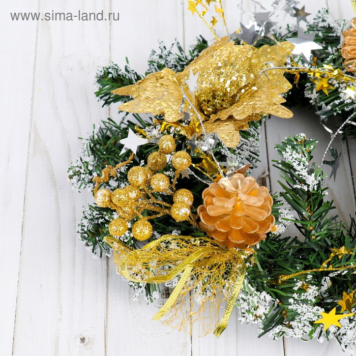 Венок новогодний d-24 см "Цветы и шишки" золото
