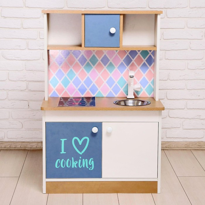 Игровая мебель &laquo;Детская кухня&raquo;, цвет корпуса бело-бежевый, цвет фасада бело-голубой, фартук ромб