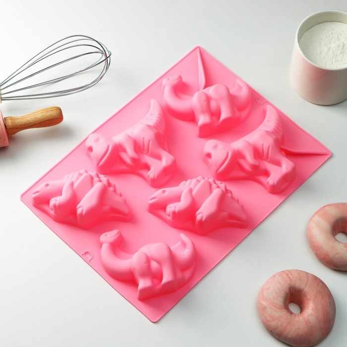 Форма для выпечки Доляна &laquo;Животные.Динозавры&raquo;, силикон, 29&times;21 см, 6 ячеек (10,4&times;7,2 см), цвет розовый