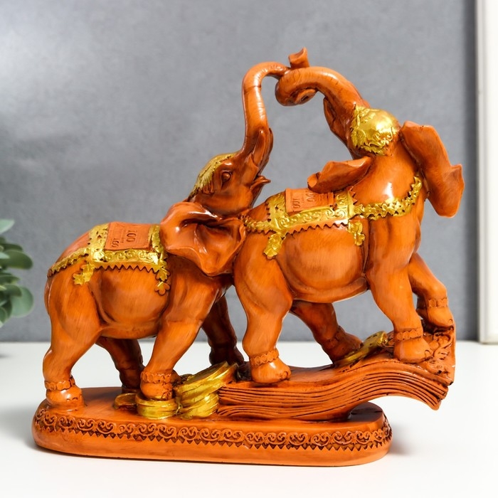 Сувенир полистоун "Два денежных слона на купюре и монетах" под дерево 18,7х21х7 см