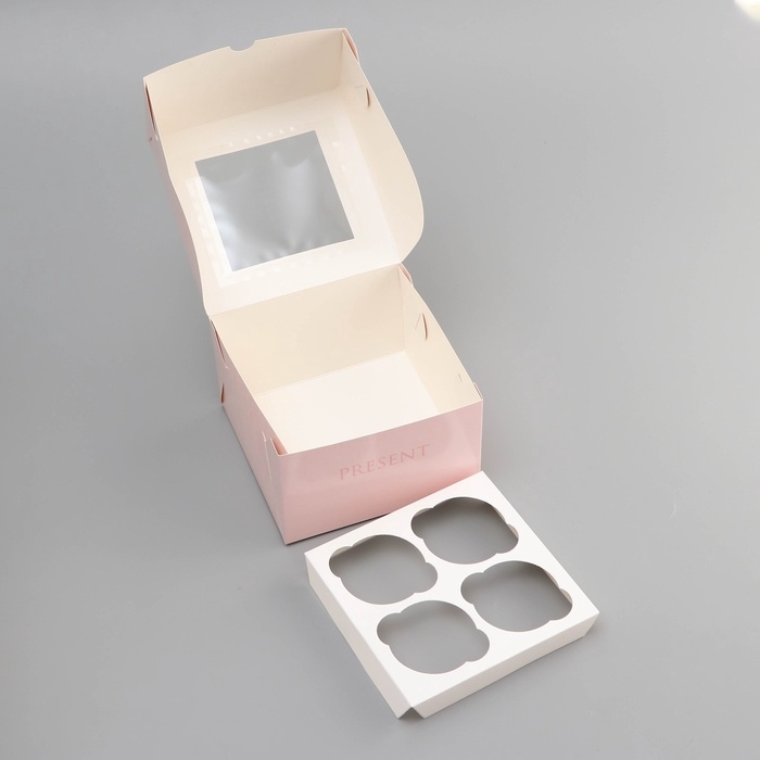 Коробка под 4 капкейка с окном , Коробка под 4 капкейка с окном , "Прекрасной", 16 х 16 х 10 см, кондитерская упаковка