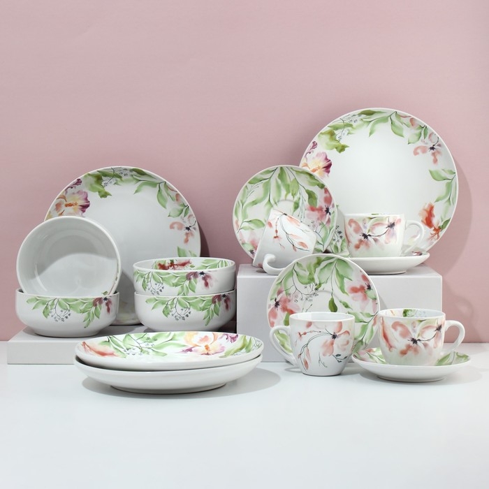 Набор посуды на 4 персоны &laquo;Акварель&raquo;, 16 предметов: 4 тарелки 23 см, 4 миски 14.5 см, 4 кружки 250 мл, 4 блюдца 15 см.