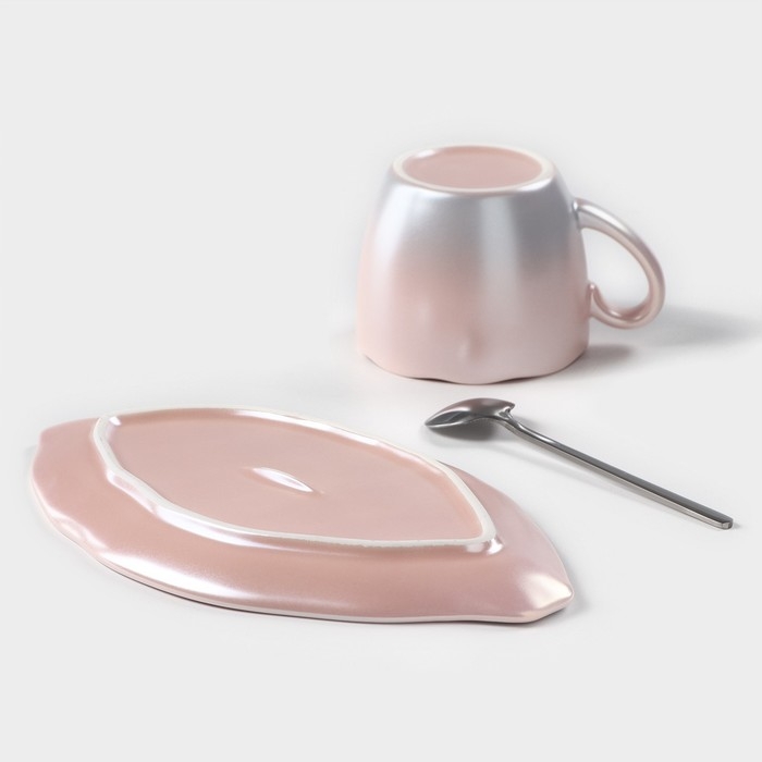 Чайная пара керамическая &laquo;Перламутр&raquo;, 3 предмета: кружка 190 мл, блюдце d=21 см, ложка h=13 см