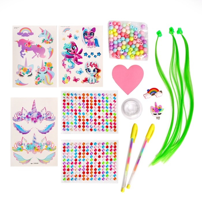 Набор с прядями, тату, стразами, в сумочке