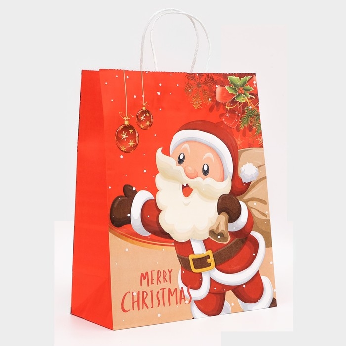 Новый год. Пакет бумажный подарочный новогодний крафт Новый год. Пакет бумажный подарочный новогодний крафт "Дед Мороз", 33 × 26 × 12 см.