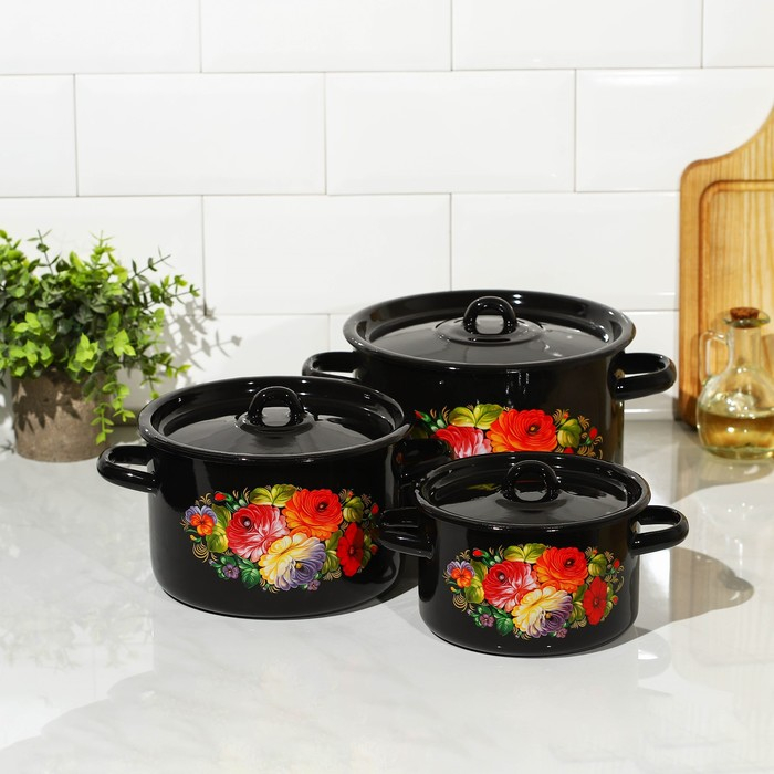 Набор кастрюль &laquo;Жостово&raquo;, 3 предмета: 1,5 л, 2,9 л, 4,5 л, эмалированные крышки, индукция