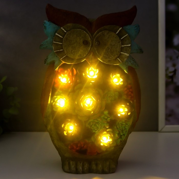 Сувенир полистоун свет "Филин с суккулентами" от солнечной батареи 26,5х15,5 см