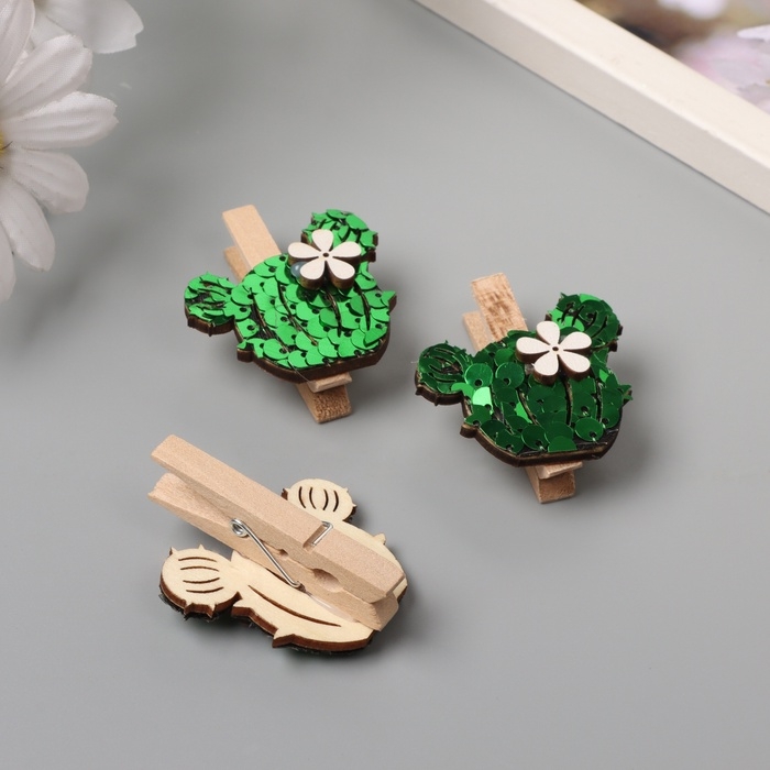 Декор для творчества дерево Декор для творчества дерево "Прищепка. Кактус с цветком" пайетки набор 3 шт 1,5х4х4,8 см