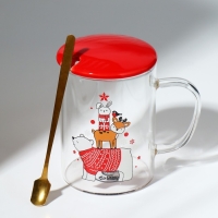 Кружка с ложкой и крышкой стеклянная Дорого внимание &laquo;Зверята&raquo;, 470 мл