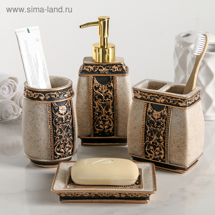 Набор аксессуаров для ванной комнаты &laquo;Индийский слон&raquo;, 4 предмета (дозатор, мыльница, 2 стакана), цвет бежевый
